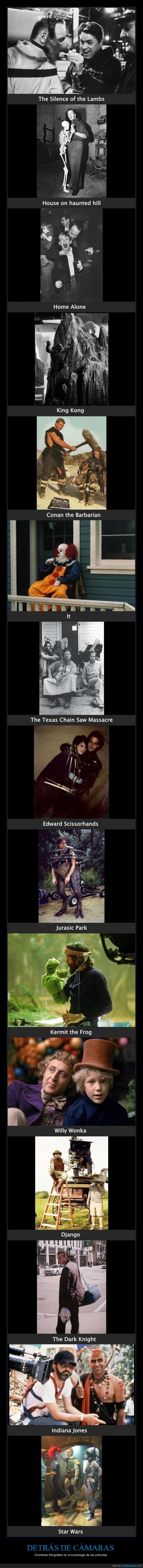 Detrás de cámaras,Star Wars,Indiana Jones,The Dark Knight,House on haunted hill,The Silence of the Lambs,King Kong,Home Alone,Conan the Barbarian,It,The Texas Chain Saw Massacre,Edward Scissorhands,Jurasic Park,Kermit the Frog,Willy Wonka,Django,backstage,divertidas,fotografías,películas